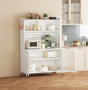 White Tall <b>Storage</b> <b>Sideboard</b> Cabinet for Kitchen Living & Dining Room with Glass Doors & Adjustable Shelves - Product Image 2