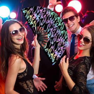 Holographic Painted <b>Large</b> Reflective Spider Like Bamboo Hand <b>Fan</b> 33cm High Premium Clack Rave for Party Use - Product Image 2