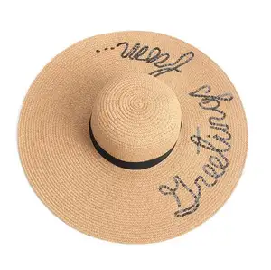 새로운 스타일 편지 자수 큰 밀짚 모자, 여름 해변 모자, 휴일 태양 그늘 모자