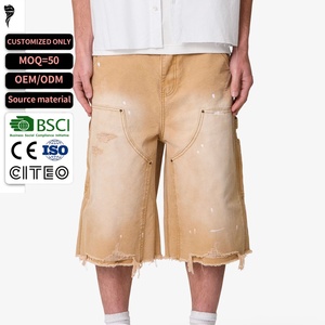 Shorts de travail baggy pour hommes, couleur kaki, effet éclaboussures de peinture, déchirés, ourlet effiloché, personnalisables OEM - Product Image 1