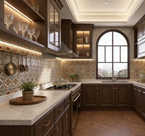 Ensemble d'armoires de cuisine vintage en bois foncé avec éclairage intégré et quincaillerie en laiton, fabrication chinoise, meubles de cuisine, conception gratuite en 48h - Product Image 4