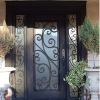 Porte d'entrée double en fer forgé au design luxueux avec cadre en fer forgé et verre trempé givré pour maison