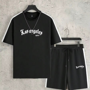 Men's minimalist printed short-sleeved shirt and shorts suit factory, customization available.F10 - Product Image 1