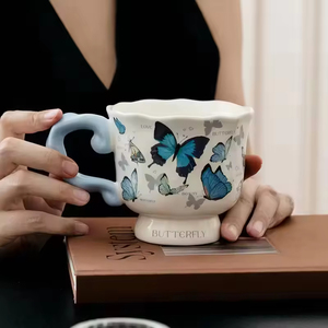 High Aesthetic Cartoon Ceramic 400ml High Footed Coffee Mug Customized Color Logo Couple Party Gift for Home Use Dishwasher - Product Image 5