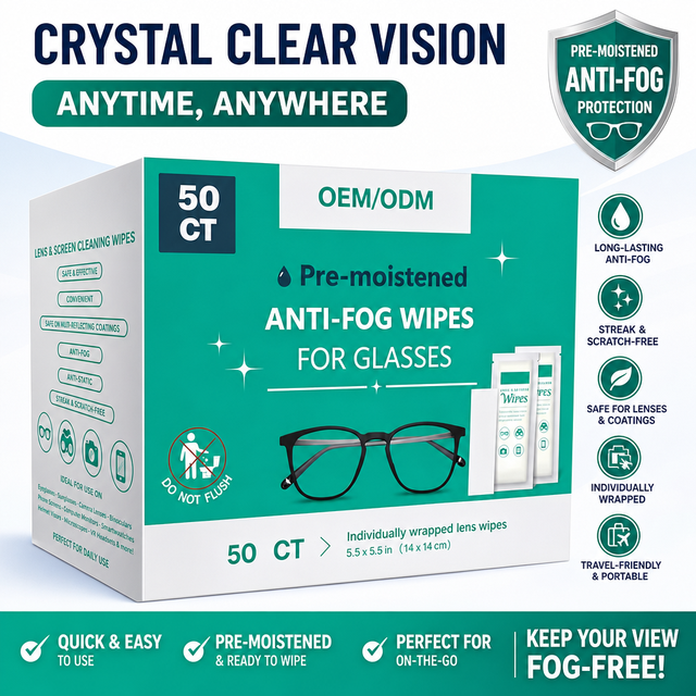 OEM/ODM Custom Individually Wrapped Anti-Fog Lens Cleaning Wipes, Pre-Moistened Eco-Friendly for Glasses,Screens & Camera Lenses