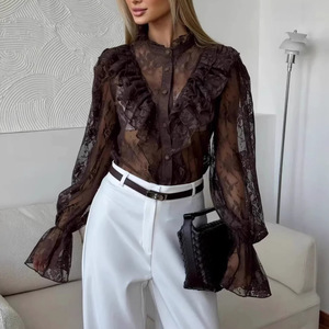 <span class=keywords><strong>Blusa</strong></span> Elegante de <span class=keywords><strong>Fiesta</strong></span> para <span class=keywords><strong>Mujer</strong></span> con Volantes de Encaje, Manga Larga Acampanada, Cuello Alto y Botones - Product Image 3