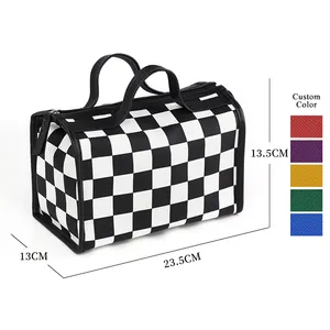 Customized High Quality Large Capacity Travel Cosmetic Organize Lady Checkered print Nylon Makeup Bag