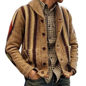 Vintage <strong>Men's</strong> Long Sleeve Geometric Pattern Spring Breathable <strong>Cardigan</strong> Lapel Regular Knitted Sweater <strong>with</strong> <strong>Pocket</strong> - Product Image 1