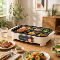 Grill électrique 5-en-1 avec plaque de cuisson 800W, thermostat réglable, zones de cuisson antiadhésives, friteuse à œufs, barbecue domestique
