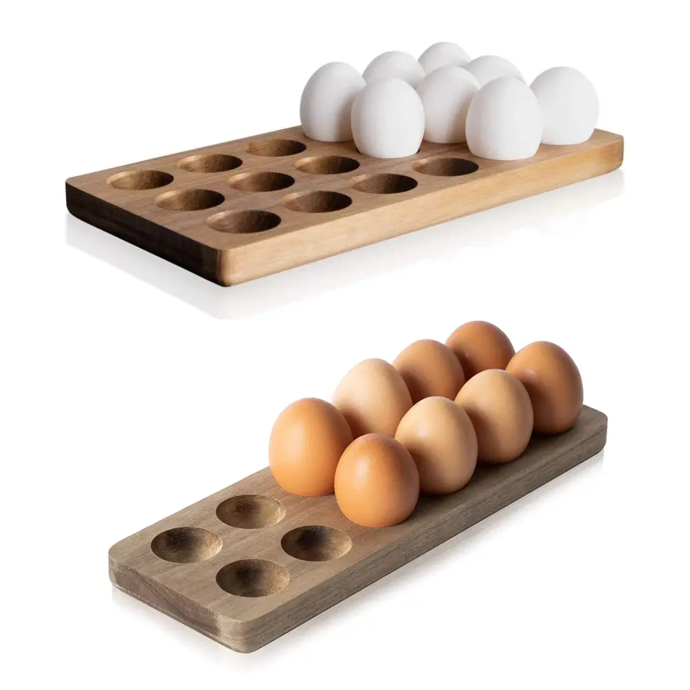 素朴な家庭用キッチン冷蔵庫調理アクセサリー木製卵カップホルダーディスプレイスタンド収納ラック木製卵トレイサプライヤー