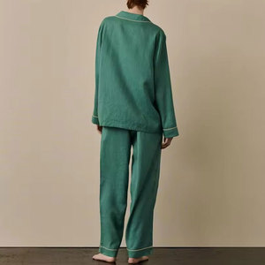 Conjunto de Pijama de <span class=keywords><strong>Lino</strong></span> Verde para <span class=keywords><strong>Mujer</strong></span>, Diseño Nuevo Personalizado, Otoño, 100% <span class=keywords><strong>Lino</strong></span>, Informal, para Dormir, Manga Larga, Holgado - Product Image 4