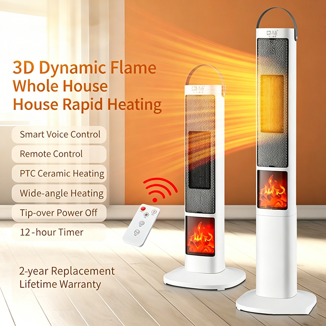 Wholesale PTC Ceramic Tower Heater Mechanical Control 3D Flame 2000W Electric Heater for Home Bedroom Living Room Indoor Use