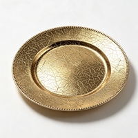 Assiette de présentation de luxe personnalisée en PP plaqué or, texture craquelée, bord perlé, pour mariage, hôtel, banquet, décoration de table de fête