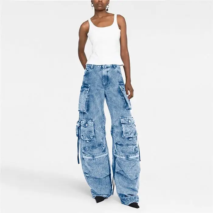 A2708-parachute pants multiple pockets denim wide leg baggy pants spring 2023 women s clothing