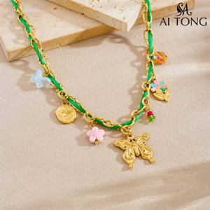 Collar de Acero Inoxidable con Flores Coloridas y Mariposas con Efecto de Goteo de Aceite, Envuelto <span class=keywords><strong>en</strong></span> Cuerda Verde, para <span class=keywords><strong>Vacaciones</strong></span>, Nuevo y <span class=keywords><strong>en</strong></span> Oferta - Product Image 2