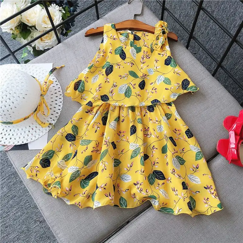 Vestido de chiffon para meninas, qualidade garantida top, estampa personalizada, sem mangas, para o verão