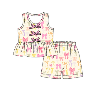 GSSO3590 Conjunto infantil personalizado para niña activa con estampado de lazos de fresa roja, sin mangas, venta al por mayor - Product Image 6