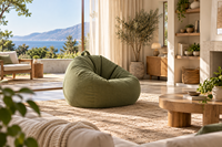 Fauteuil pouf géant pour adultes en velours côtelé vert mousse, surdimensionné, avec poignée de transport ronde, compressé, rembourré épais et rebondissant, pour un confort optimal