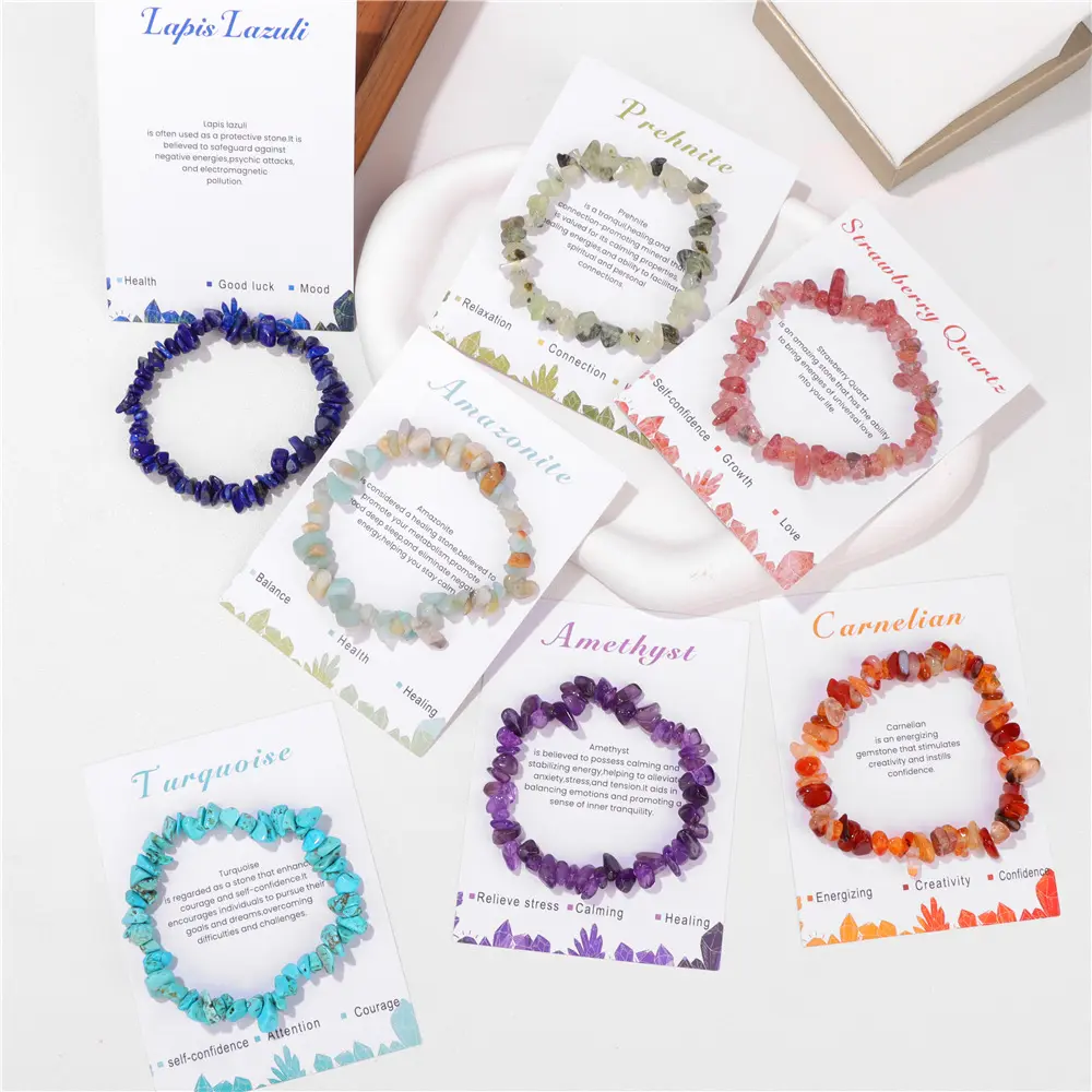 Delicado Chakra Tumble Stone pulsera cristales piedras curativas joyería apilador pulseras de cuentas con tarjetas de deseos