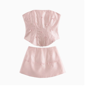 Nuevo Conjunto de 2 Piezas para Mujer, Falda Corta con Espalda Descubierta, Diseño de Espina de Pescado y Lazo, a la Moda - Product Image 2