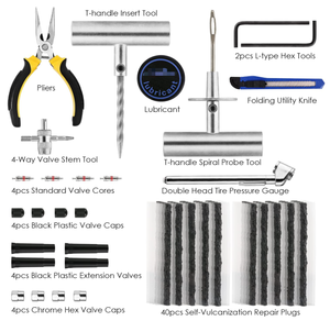 طقم إصلاح إطارات السيارات الاحترافي المقاوم للماء مكون من 70 قطعة - 40 شريطًا مطاطيًا + أدوات صمام كاملة |   بيع بالجملة - Product Image 4
