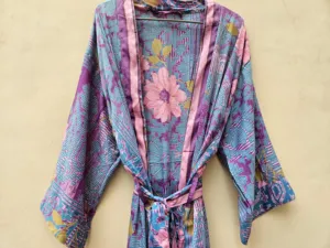 Vestido Kimono Largo de Seda India Vintage con Estampado Floral, Transpirable y Suave, Estilo Hippie Bohemio para Mujer, con Cintura Elástica - Product Image 1