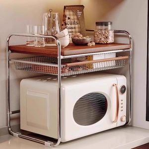 Étagère de rangement pour four à micro-ondes, double couche, en acier inoxydable, organisateur de comptoir de cuisine avec dessus en bois et panier en fil métallique - Product Image 1