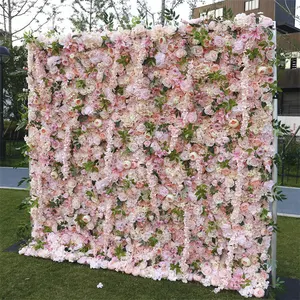 QSLH-CF253 웨딩 장식 롤업 꽃 벽 8ft x 8ft 3D 천 꽃 벽 핑크 장미 꽃 벽 웨딩 배경