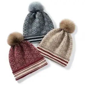 Custom Fox fur pom pom fashion women cashmere wool winter hats cable knit women warm ladies cashmere beanie cap