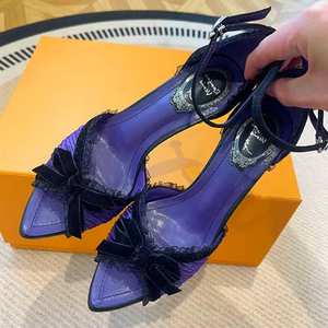 Ultimi <span class=keywords><strong>Sandali</strong></span> Talons Haut Fashion con Fiocco Viola e Nero, Tacco a Rocchetto, Cinturino alla Caviglia, Punta Affusolata e Tacco in <span class=keywords><strong>Raso</strong></span> - Product Image 3