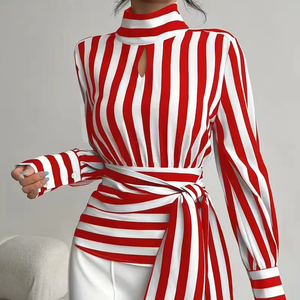 Tendance de la mode d'automne, chemise à rayures contrastées pour femmes, col écharpe rétro, manches longues, chemises élégantes pour femmes - Product Image 1