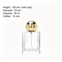 Flacon de parfum carré en verre transparent de 50 ml avec bouchon rond doré, flacon de parfum vide rechargeable, logo personnalisé accepté