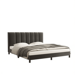 Base de Cama King Size California Moderna en Terciopelo Gris Oscuro con Cabecera Tapizada, Muebles de Dormitorio Contemporáneos - Product Image 1