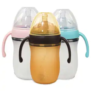 Wholesale Customize Cartoon Safety Hand Free Newborn Kids Children Wide Neck Feeding Milk Silicone Baby Bottle For Infant