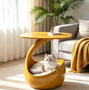 Mesa Auxiliar Creativa Curva para Gatos 2 en 1, Mesita de Noche Moderna con Cama para Gatos, Mueble para Mascotas con Acabado Brillante y Almacenamiento - Product Image 1