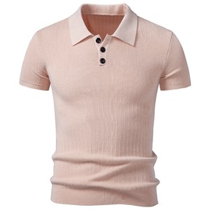 Polo en tricot pour homme, manches courtes, coupe ajustée côtelée, col classique, boutons, haut décontracté pour affaires - Product Image 4