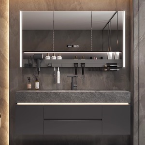 Gray slate floating bathroom vanity with integrated sink LED smart cosmetic <b>mirror</b> storage <b>wall</b> cabinet - Product Image 2