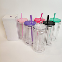 Gobelet en plastique transparent à double paroi de 16 oz (473 ml) en gros, type boule à neige, en acrylique, avec trou pré-percé et bouchons