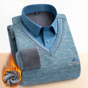 Camisetas de Pullover Masculinas em Fleece Duplo com Decote em V, Suéter Quente de Camada Base, Suéter Tricotado - Product Image 1