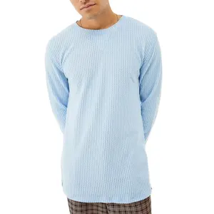 Crew Neck Solid Blank Long Sleeve Mens Tee Custom Waffle Knit Blue T-Shirt