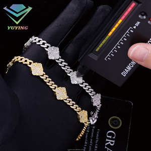 Pulsera Cubana de Plata de Ley S925 Unisex con Trébol de la Suerte, Chapada en Oro Blanco y Amarillo, con Certificado GRA, Moissanita VVS para Hip Hop - Product Image 5