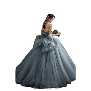 Haze Blue Floor-Length Ball Gown Strapless Tulle Wedding Dress Natural Waistline Backless Design For Studio Photography - Product Image 2