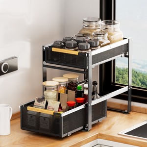 Panier coulissant à deux étagères pour le coin de la <span class=keywords><strong>cuisine</strong></span> Rangement des épices Organisateur avec poignée en bois <span class=keywords><strong>Tiroir</strong></span> de rangement coulissant - Product Image 6