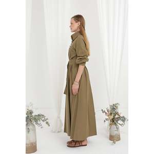 Elegant Women's Belted Mandarin Collar A-Line Dress Stone Color Comfortable <b>Wrap</b> And <b>Tie</b> Evening Wear - Product Image 2