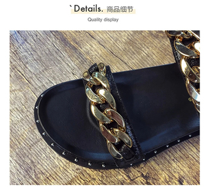 Sandales de plage d'été pour femmes, double bande, chaîne dorée, rivets, tongs rétro, grandes tailles - Product Image 3