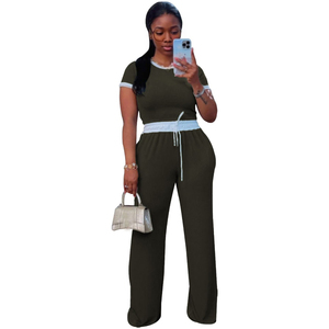 Ensemble 2 pièces décontracté pour femme : haut côtelé à col rond et manches courtes avec pantalon, couleurs contrastées, style urbain et tendance - Product Image 4