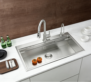 Évier de cuisine en acier inoxydable SUS304 brossé satiné 820x500mm, cuve unique, avec purificateur extractible intégré et robinet inclus - Product Image 2