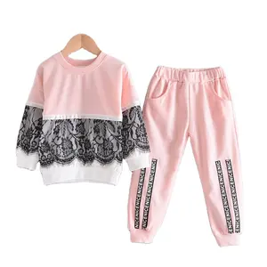 Spring New Clothing Autumn Girls Lace Patchwork Hoodie Set Letter Pants Children'S Two-Piece Set