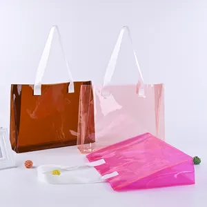 L boyutu 40x30x10cm beyaz askıları kabul özelleştirilmiş boyut ve logo pvc şeffaf şeffaf tote alışveriş promosyon çantaları