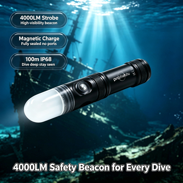 PROZHAOZHU DL-XS06 4000LM Aluminum 21700 Diving Safety Beacon IP68 100M Waterproof Underwater Strobe Signal for Night Diving